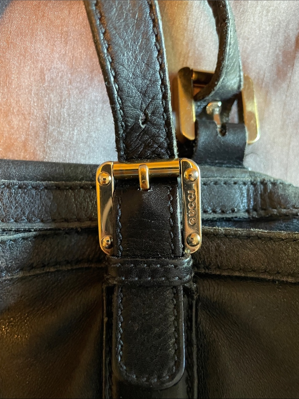 Gucci Black Leather Shoulder Tote with Gold Double-G Emblem - Picture 7 of 8